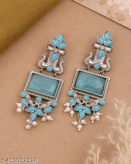 Peacock Stone and Pearl Drop Long Earring