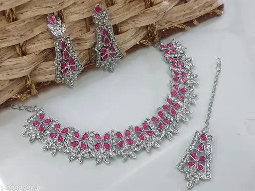 Rhodium Plated Necklace Set With Light Purple Color Kundan