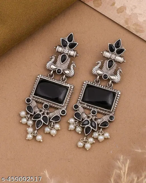 Peacock Stone and Pearl Drop Long Earring