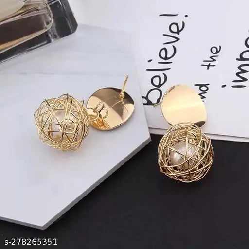 Roung Gold Pearl Ball Earrings