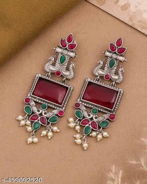 Peacock Stone and Pearl Drop Long Earring